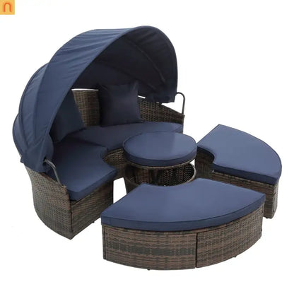 Outdoor Round Rattan Daybed Canopy Clamshell Navy Blue