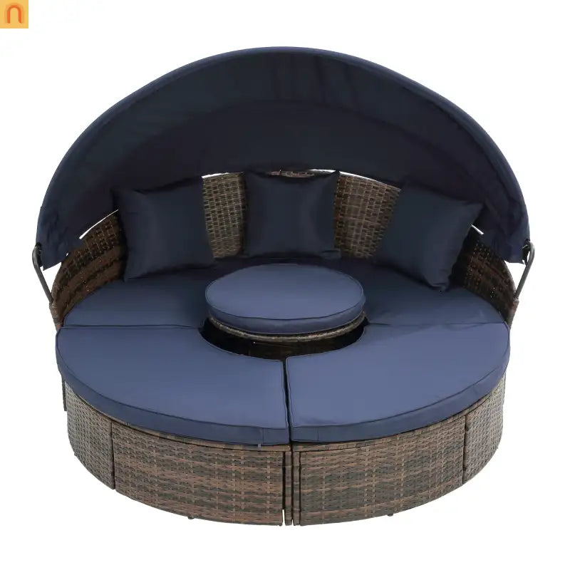 Outdoor Round Rattan Daybed Canopy Clamshell Navy Blue