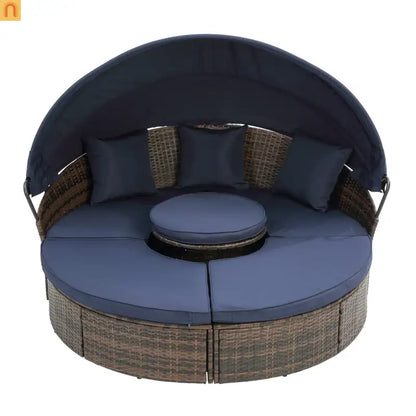 Outdoor Round Rattan Daybed Canopy Clamshell Navy Blue