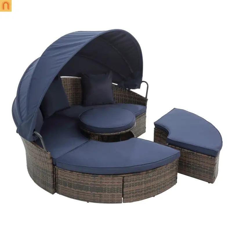 Outdoor Round Rattan Daybed Canopy Clamshell Navy Blue
