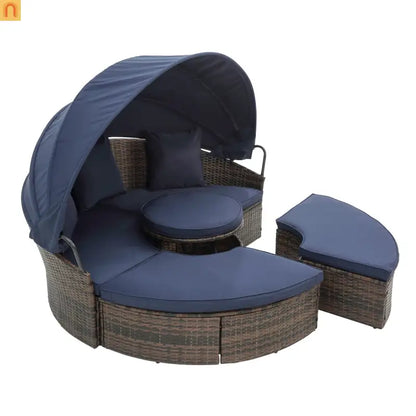 Outdoor Round Rattan Daybed Canopy Clamshell Navy Blue