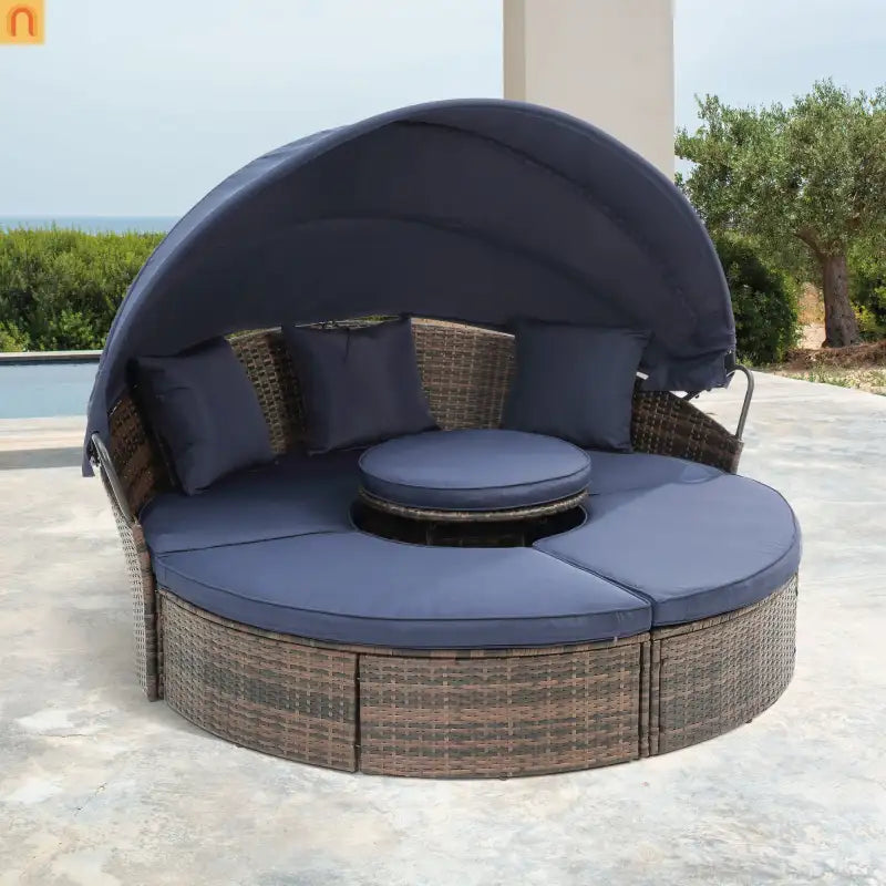 Outdoor Round Rattan Daybed Canopy Clamshell Navy Blue