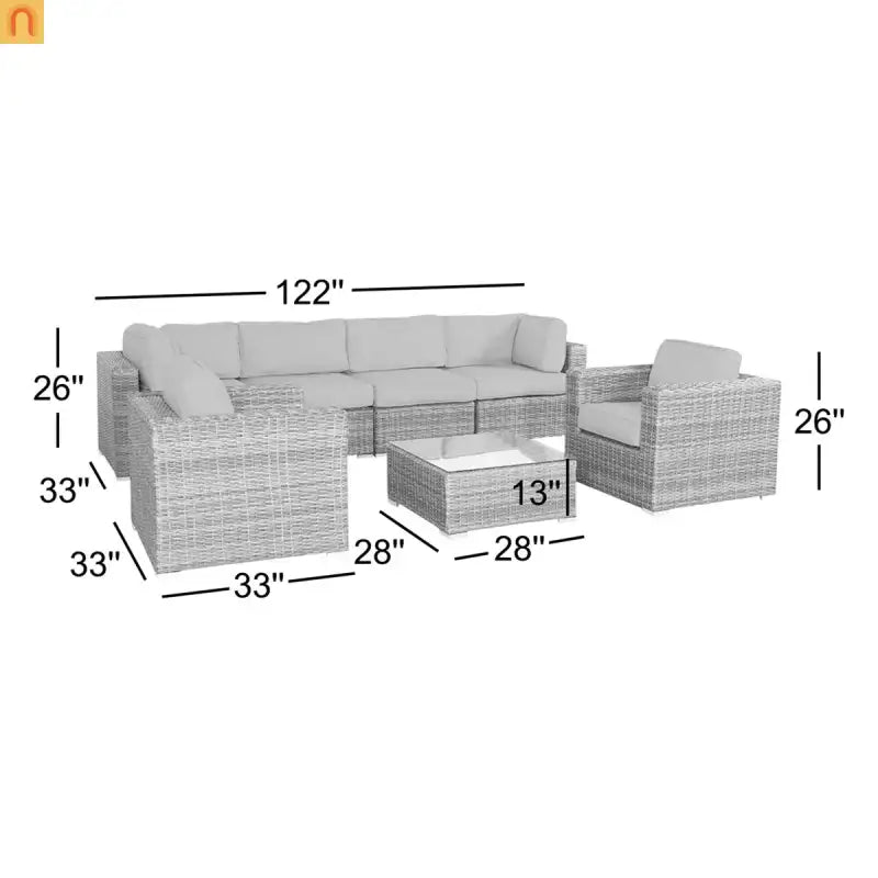 Outdoor Sectional Set Gray Wicker 7 Piece Seats 6 with Cushions