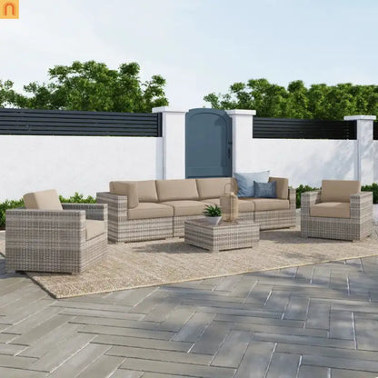 Outdoor Sectional Set Gray Wicker 7 Piece Seats 6 with Cushions