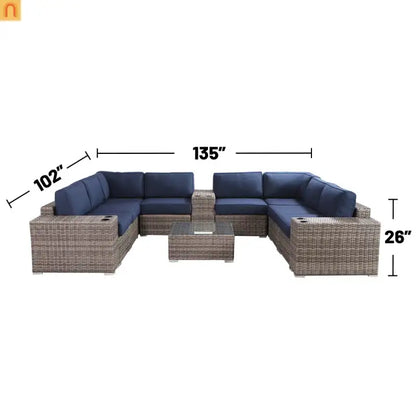 Outdoor Sectional Set Wicker Gray 12-Piece Sunbrella Seats 6