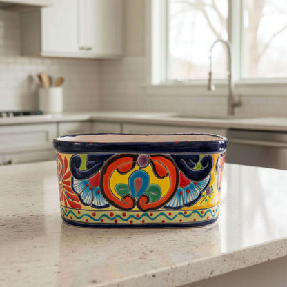 Oval Blue Rim Talavera Planter | Handmade Mexican Pot