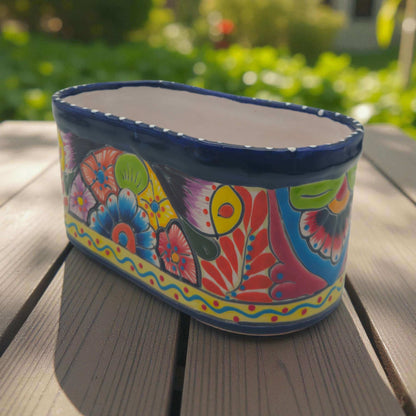 Oval Blue Rim Talavera Planter | Handmade Mexican Pot