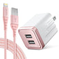 Overtime iPhone Charger Set, Apple MFi Certified Lightning Cable 10ft with Dual USB Wall Charger Adapter - Rose Gold