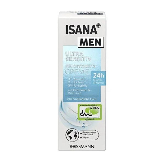 Isana Men Ultra Sensitive Moisturizing Cream - Hydrating Face Cream for Men, Soothes Irritation, Vegan Skincare, 2.54 fl oz