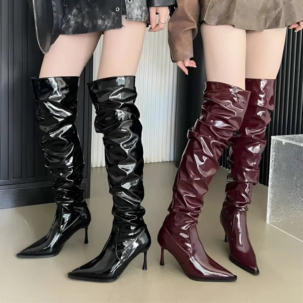 Patent Stiletto Heel Pile Style Thigh High Boots