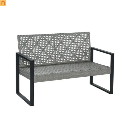 Outdoor Sectional Set PE Rattan Gray Acacia Blue Cushions 4 Piece