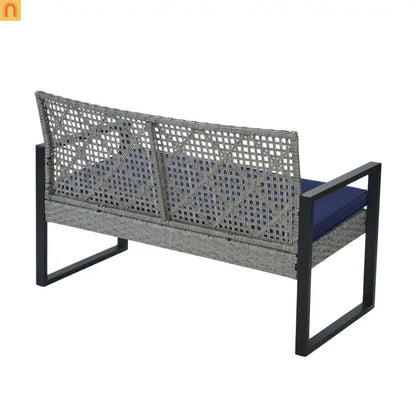 Outdoor Sectional Set PE Rattan Gray Acacia Blue Cushions 4 Piece