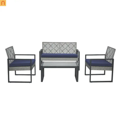 Outdoor Sectional Set PE Rattan Gray Acacia Blue Cushions 4 Piece