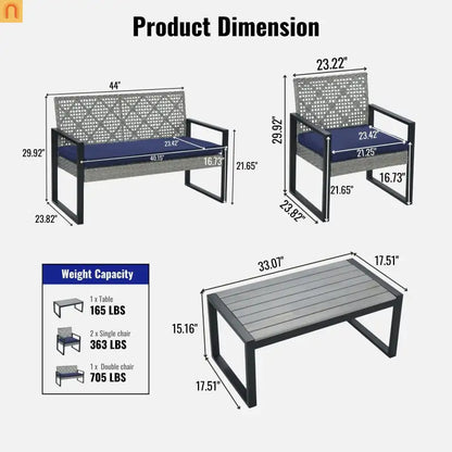 Outdoor Sectional Set PE Rattan Gray Acacia Blue Cushions 4 Piece