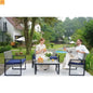 Outdoor Sectional Set PE Rattan Gray Acacia Blue Cushions 4 Piece