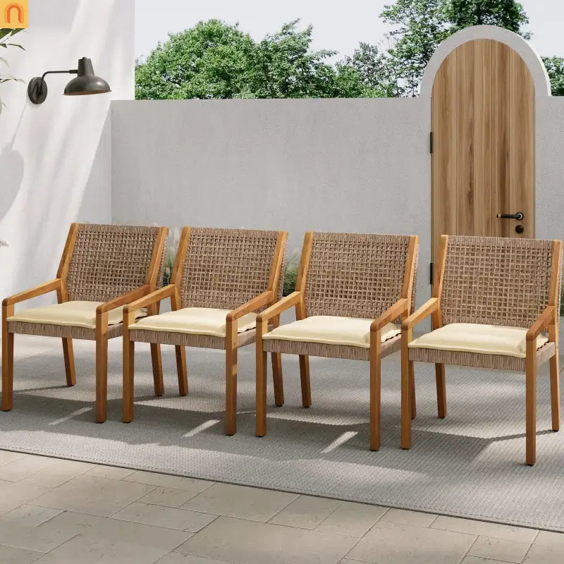 Outdoor Dining Set Acacia Wood Wicker Teak Cream Cushions Stackable