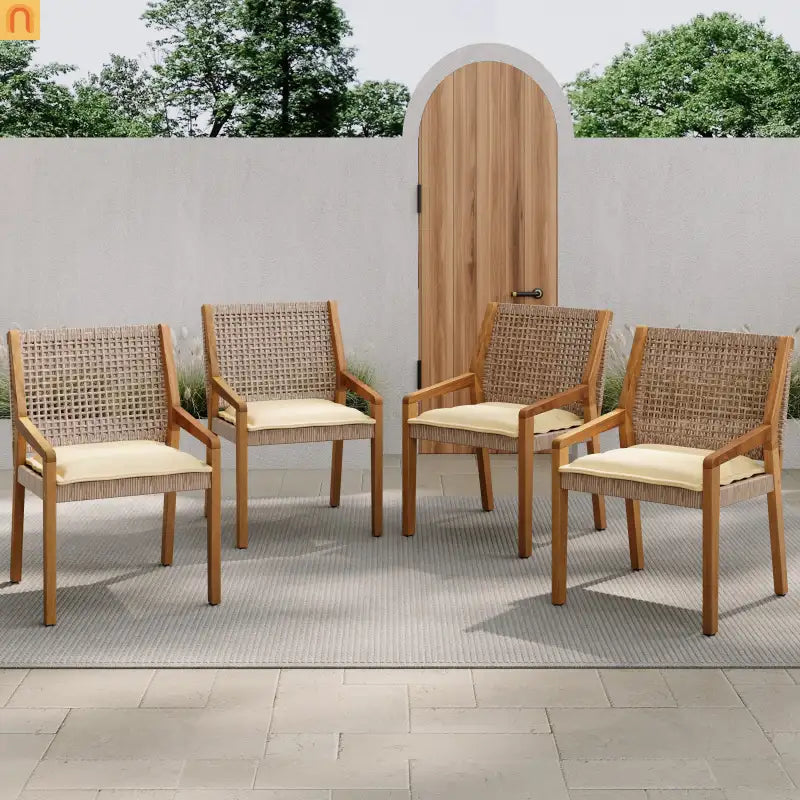 Outdoor Dining Set Acacia Wood Wicker Teak Cream Cushions Stackable