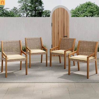 Outdoor Dining Set Acacia Wood Wicker Teak Cream Cushions Stackable