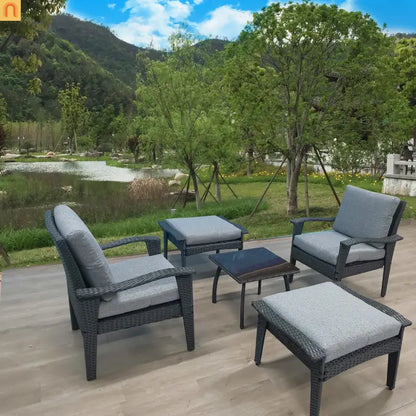 Outdoor Patio Set Rattan Gray 5-Piece Chair Ottoman Table
