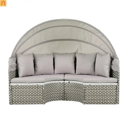 Outdoor Round Sectional Set Rattan Gray Retractable Canopy