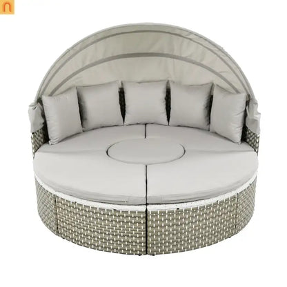 Outdoor Round Sectional Set Rattan Gray Retractable Canopy