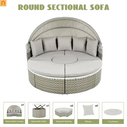 Outdoor Round Sectional Set Rattan Gray Retractable Canopy