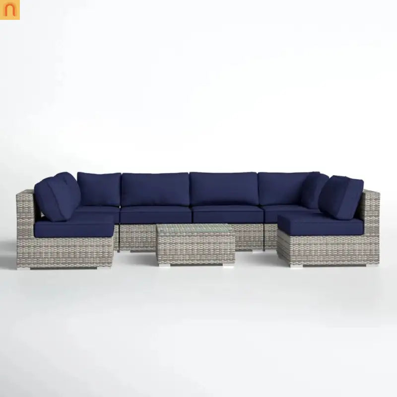 Outdoor Sectional Set Wicker Dark Blue Gray 7 Piece Seats 6