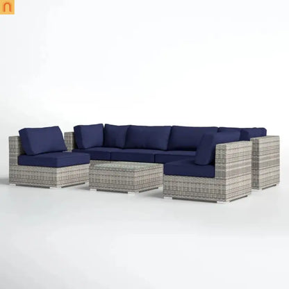 Outdoor Sectional Set Wicker Dark Blue Gray 7 Piece Seats 6