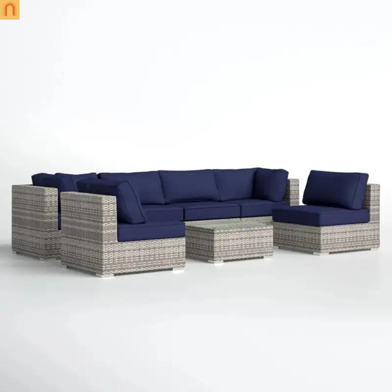 Outdoor Sectional Set Wicker Dark Blue Gray 7 Piece Seats 6