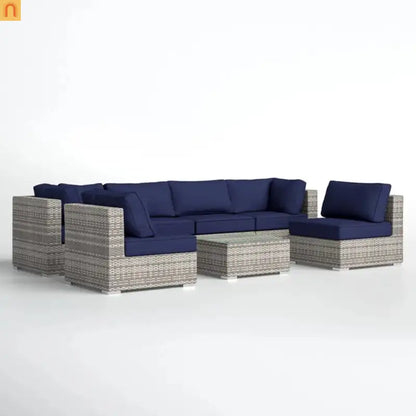 Outdoor Sectional Set Wicker Dark Blue Gray 7 Piece Seats 6