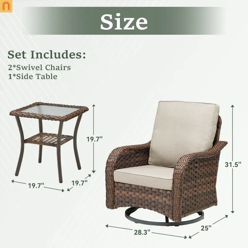 Outdoor Swivel Glider Chair 3-Piece Wicker Set Beige