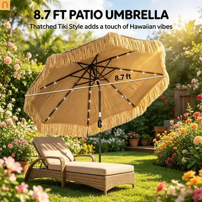 Patio Umbrella Market Straw Tassel Khaki 8.7ft Solar LED Tilt