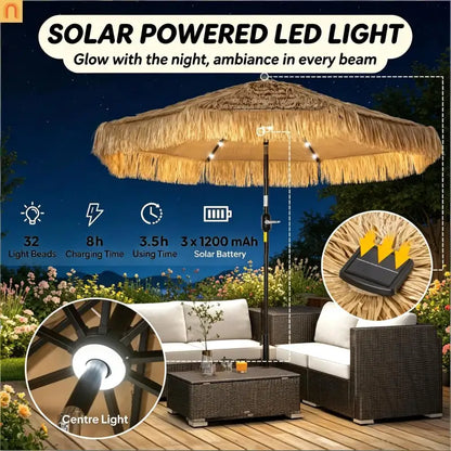 Patio Umbrella Market Straw Tassel Khaki 8.7ft Solar LED Tilt