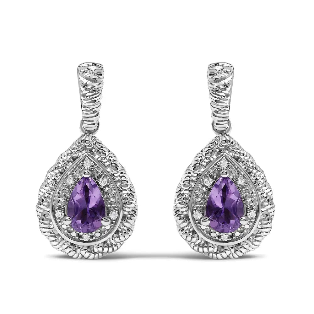 Untreated Pear Amethyst and Diamond Halo Teardrop Earrings in Silver