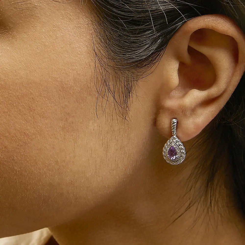 Untreated Pear Amethyst and Diamond Halo Teardrop Earrings in Silver