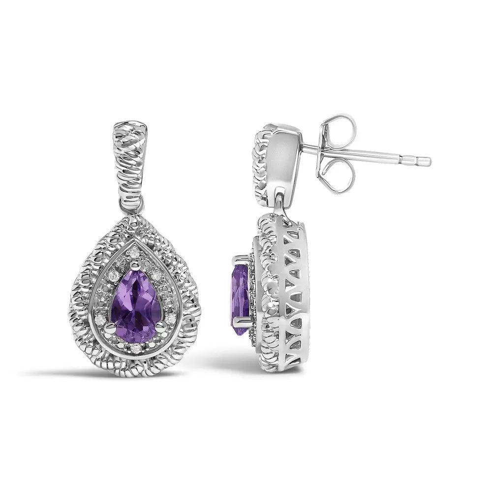 Untreated Pear Amethyst and Diamond Halo Teardrop Earrings in Silver