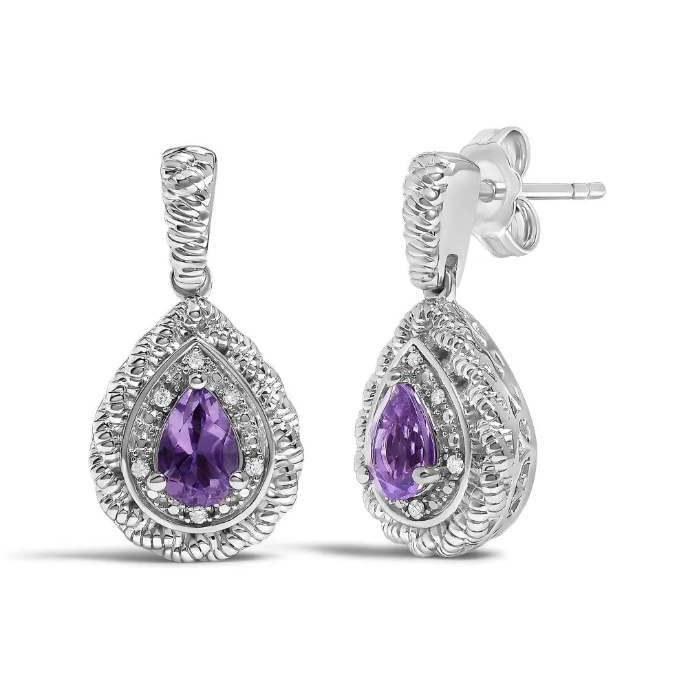 Untreated Pear Amethyst and Diamond Halo Teardrop Earrings in Silver
