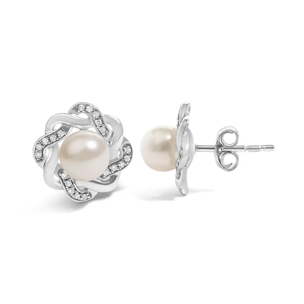 Pearl & Diamond Floral Twist Stud Earrings in Sterling Silver – 0.10 Cttw