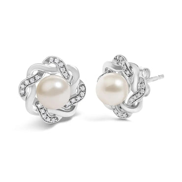 Pearl & Diamond Floral Twist Stud Earrings in Sterling Silver – 0.10 Cttw