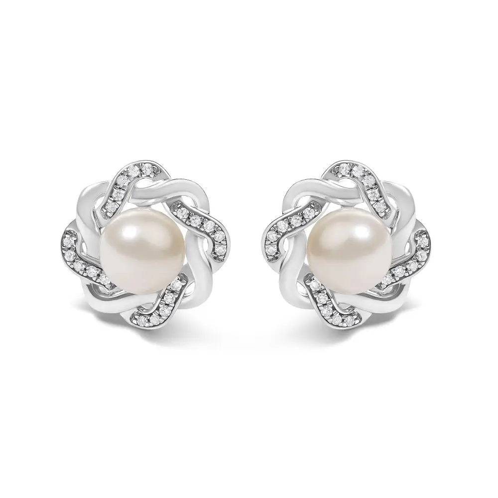 Pearl & Diamond Floral Twist Stud Earrings in Sterling Silver – 0.10 Cttw
