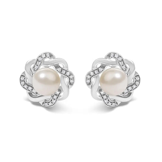 Pearl & Diamond Floral Twist Stud Earrings in Sterling Silver – 0.10 Cttw