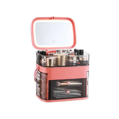 Pink Cosmetic Storage Box with Mirror and Compartments