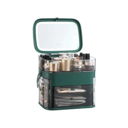 Pink Cosmetic Storage Box with Mirror and Compartments