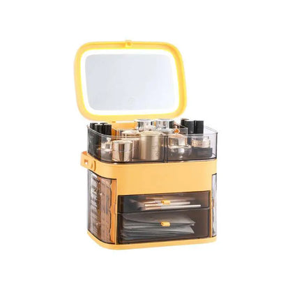 Pink Cosmetic Storage Box with Mirror and Compartments