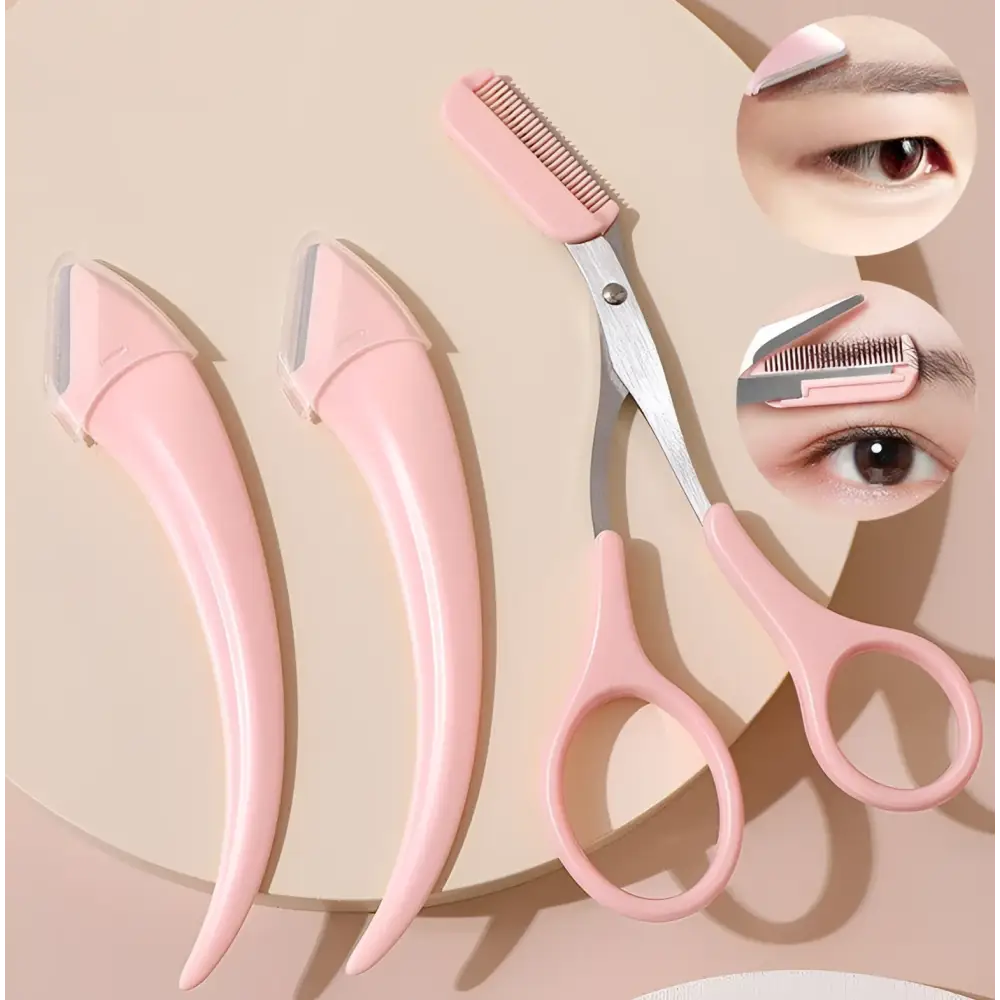 Pink Eyebrow Trimming Knife and Scissors Set