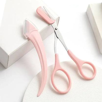 Pink Eyebrow Trimming Knife and Scissors Set
