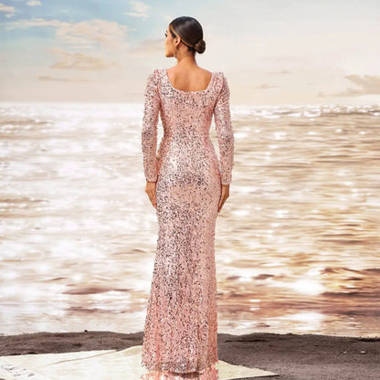 Pink Long Sleeve Sequined Sheath Fishtail Evening Dress