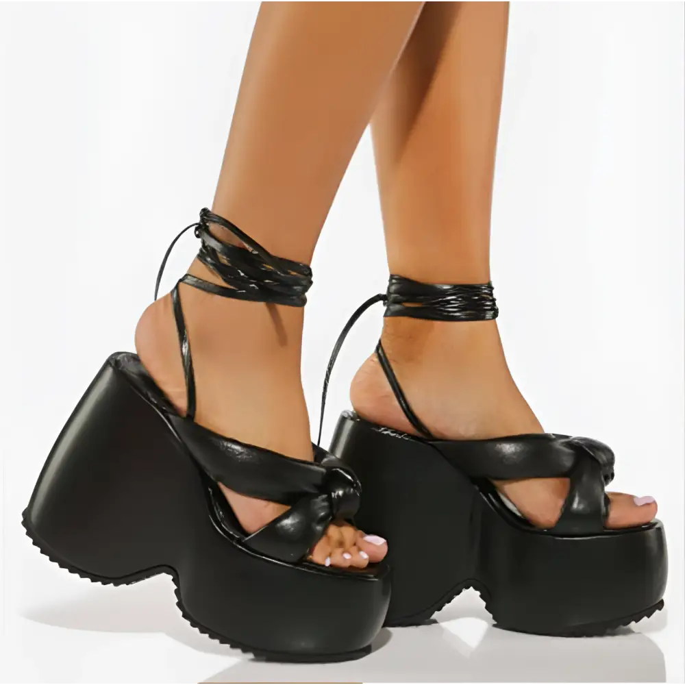 Pink Platform Wedge High Heel Ankle Tie Sandals