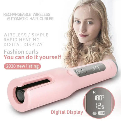 Pink Wireless Automatic Curler USB LCD Screen