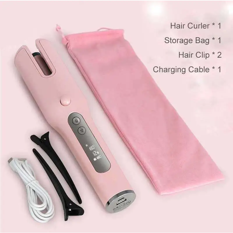 Pink Wireless Automatic Curler USB LCD Screen